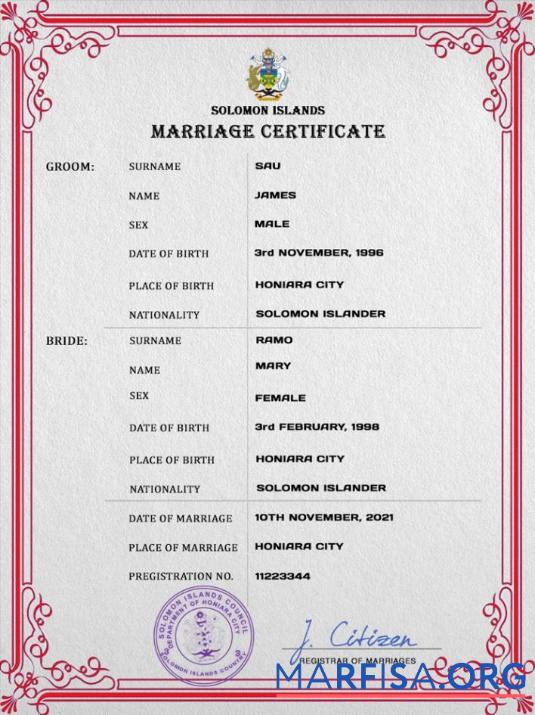 Realistic Solomon Islands marriage certificate PSD template